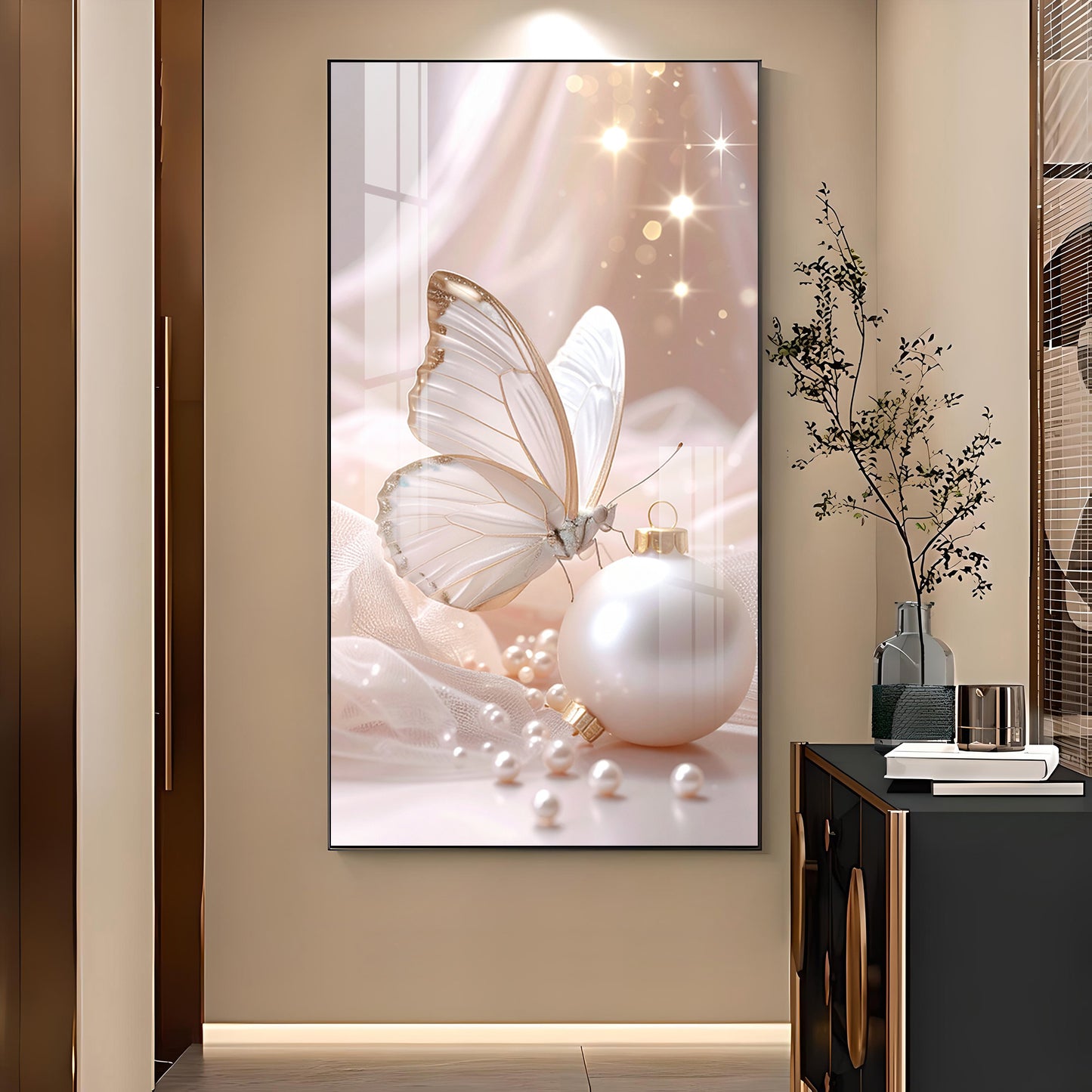 Beautiful Butterfly Glass Finish Vertical Wall Art
