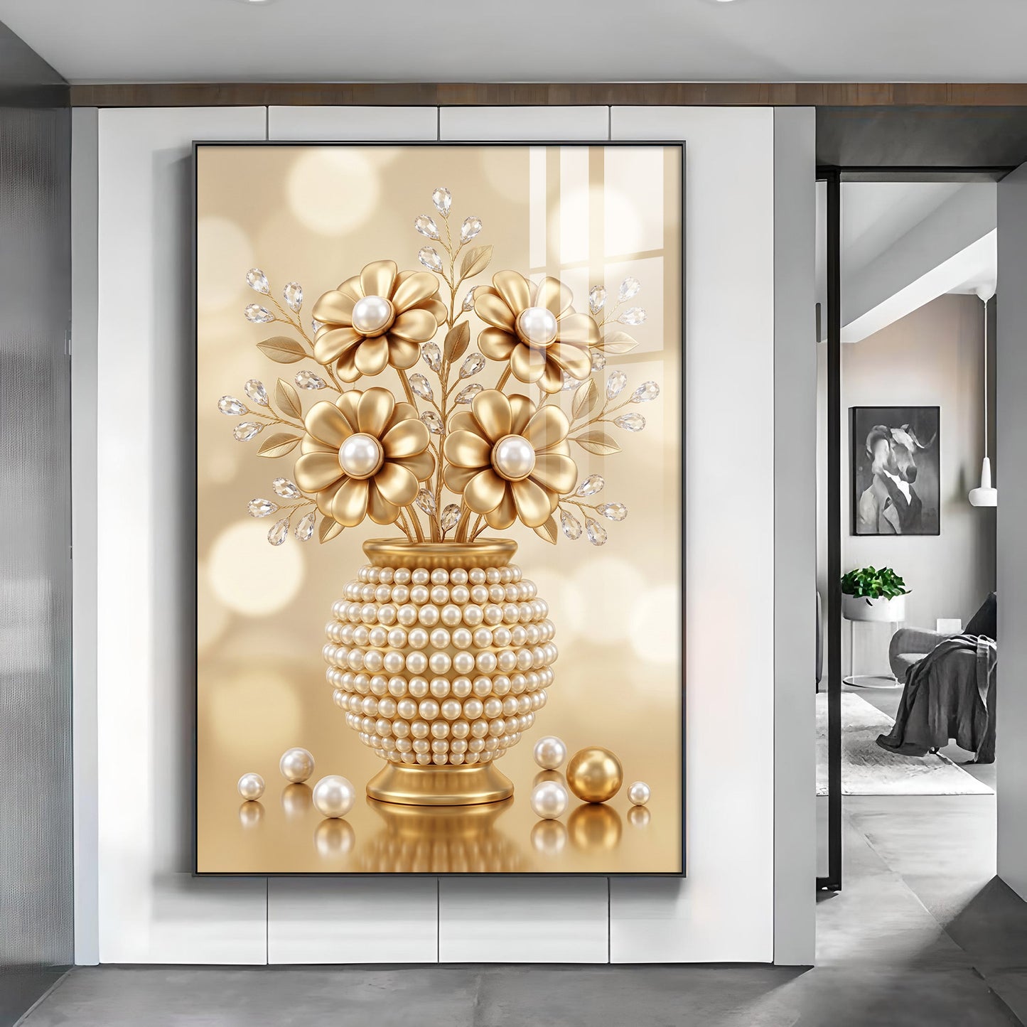 Golden Flowers With Vase Glass Finish Vertical Wall Art