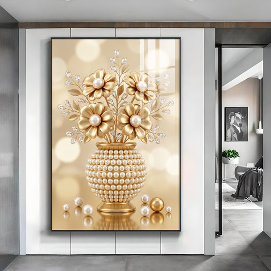 Golden Flowers With Vase Glass Finish Vertical Wall Art