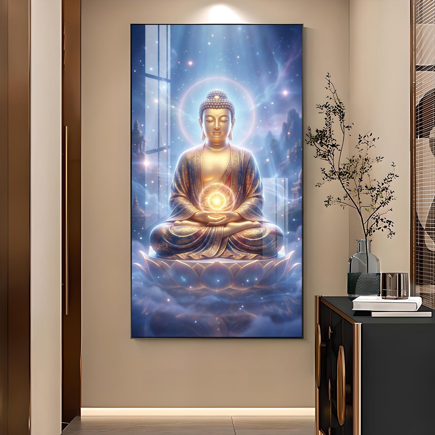 Meditating Lord Buddha Glass Finish Vertical Wall Art