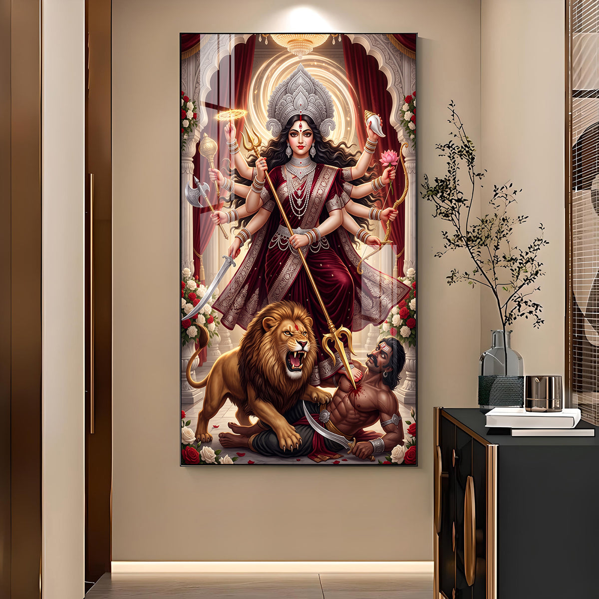 Durga Mata Mahishasuramardini Glass Finish Vertical Wall Art