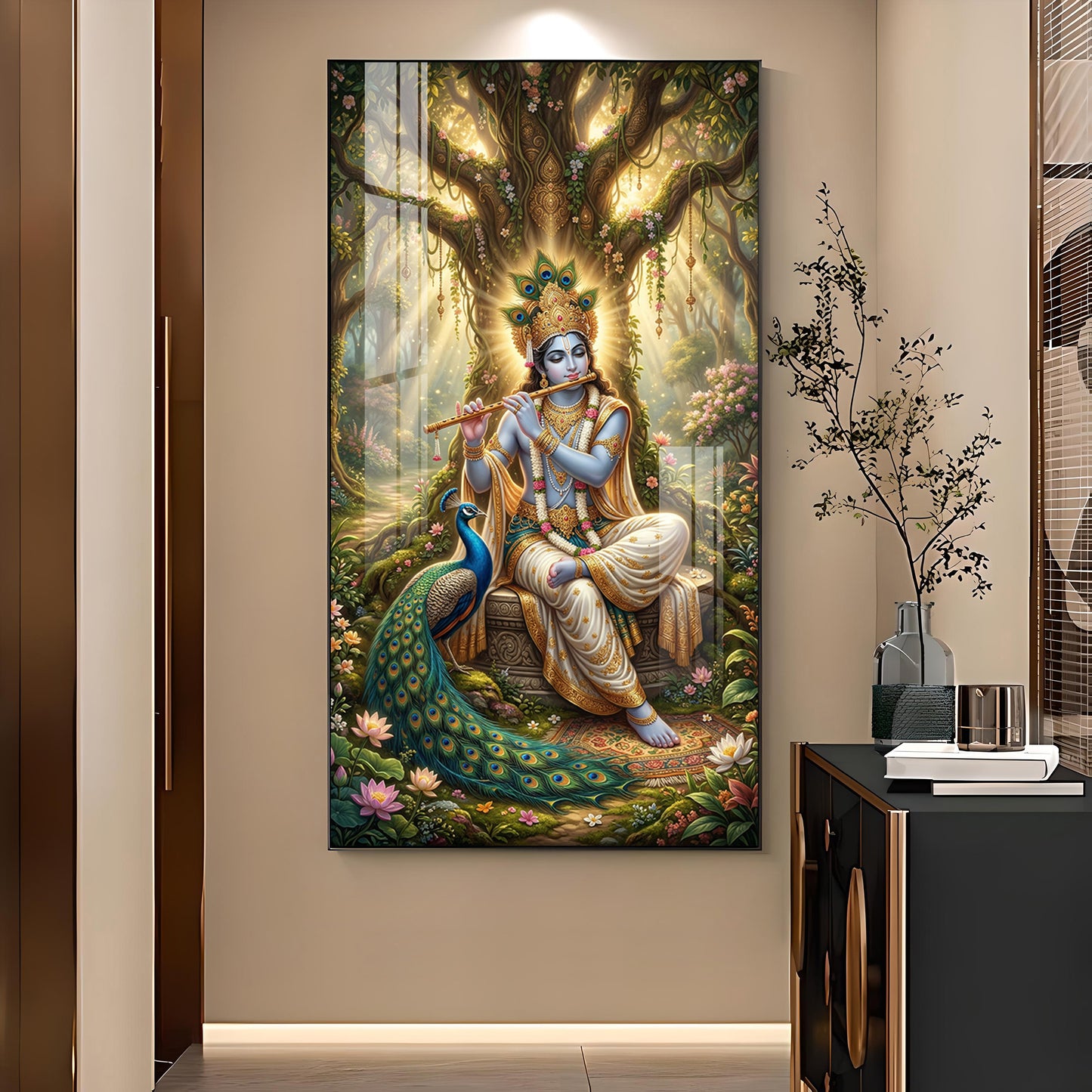 Divine Krishna Ji With Flute Glass Finish Vertical Wall Art