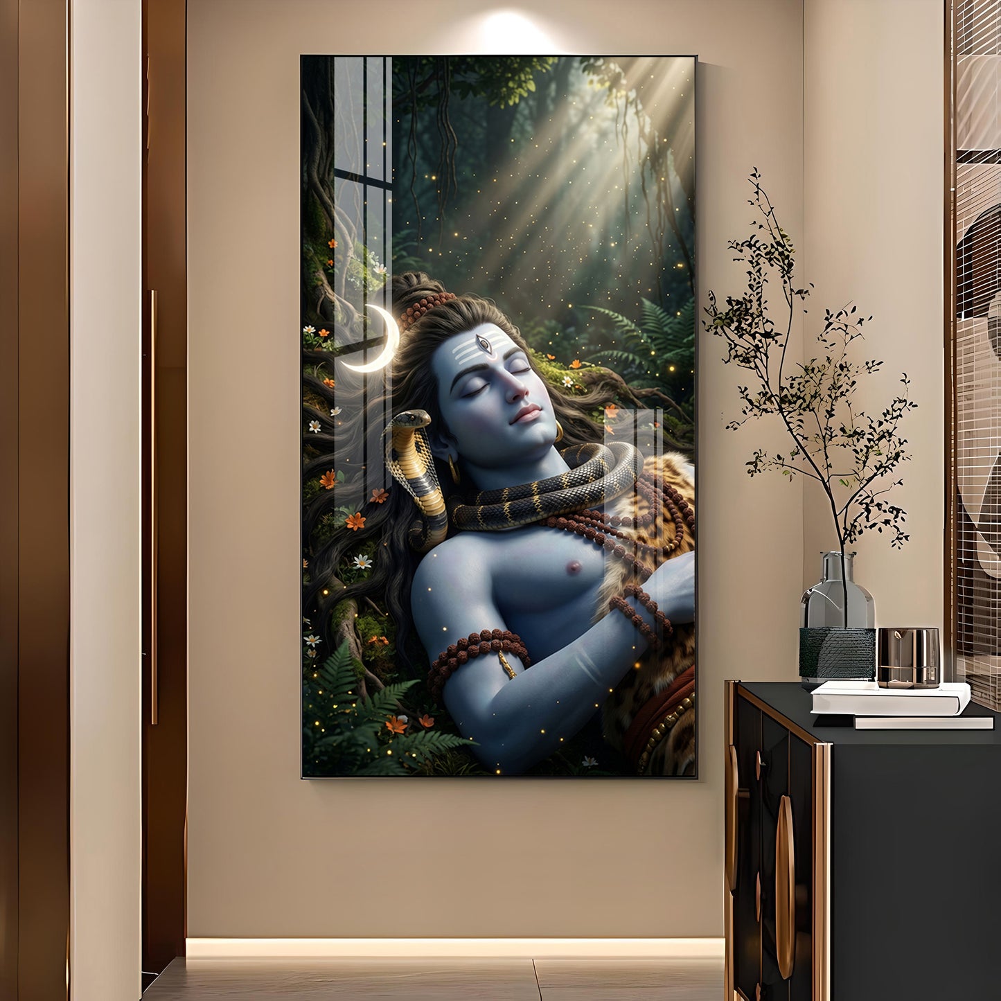 Hindu Deity Shiva Glass Finish Vertical Wall Art