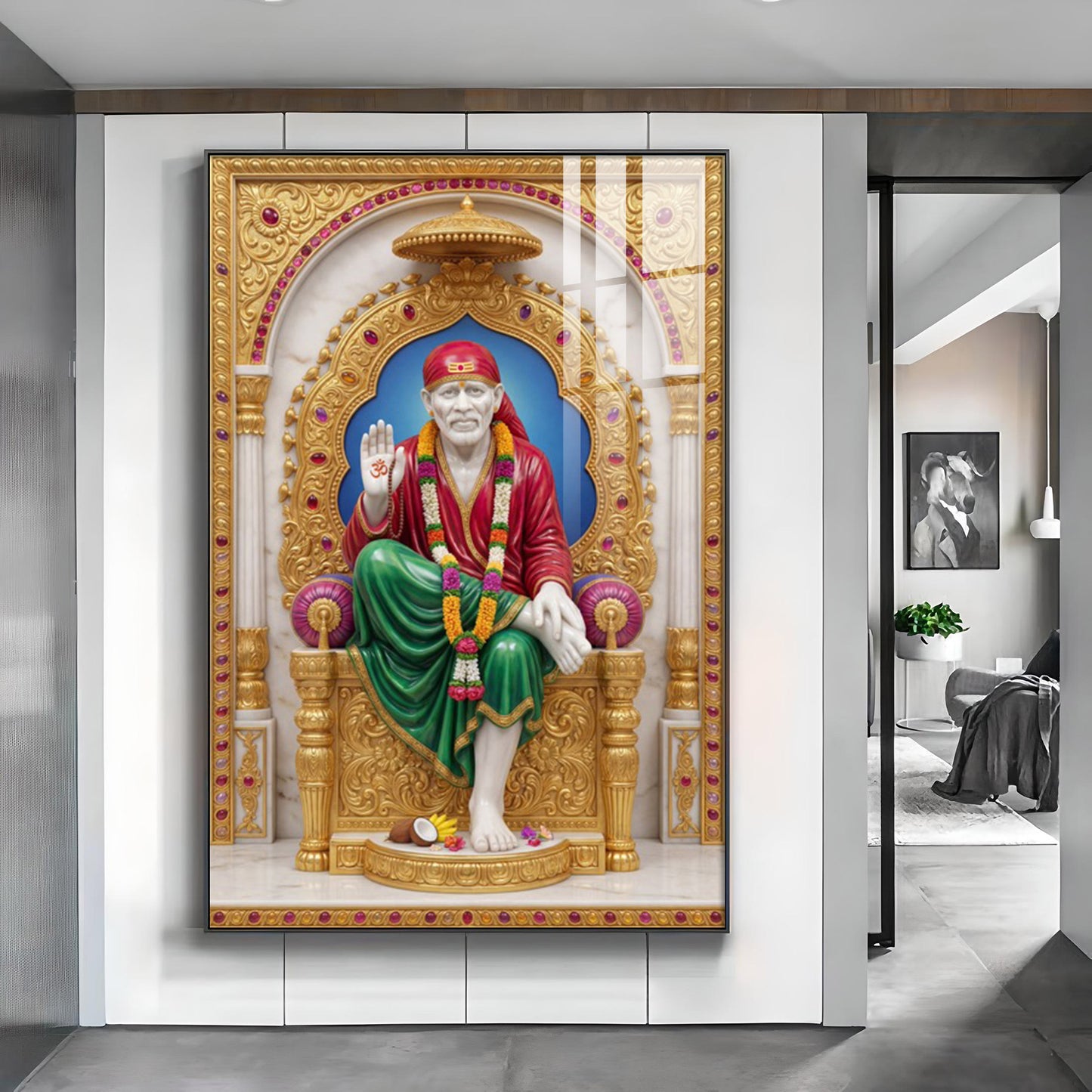 Spiritual Sai Baba Glass Finish Vertical Wall Art