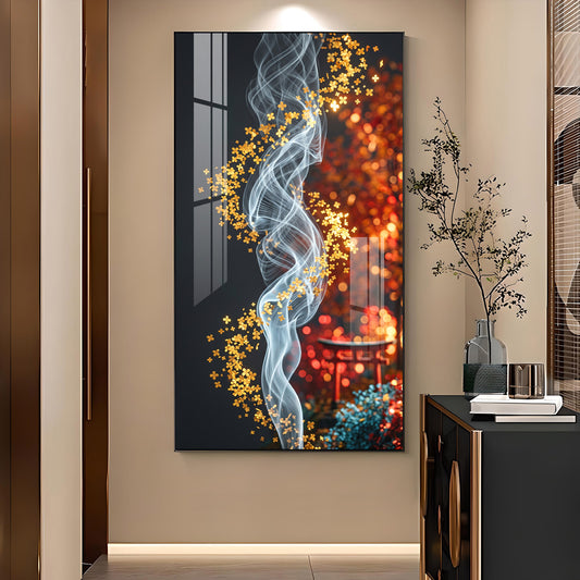 Whispers of Golden Bloom Glass Finish Vertical Wall Art