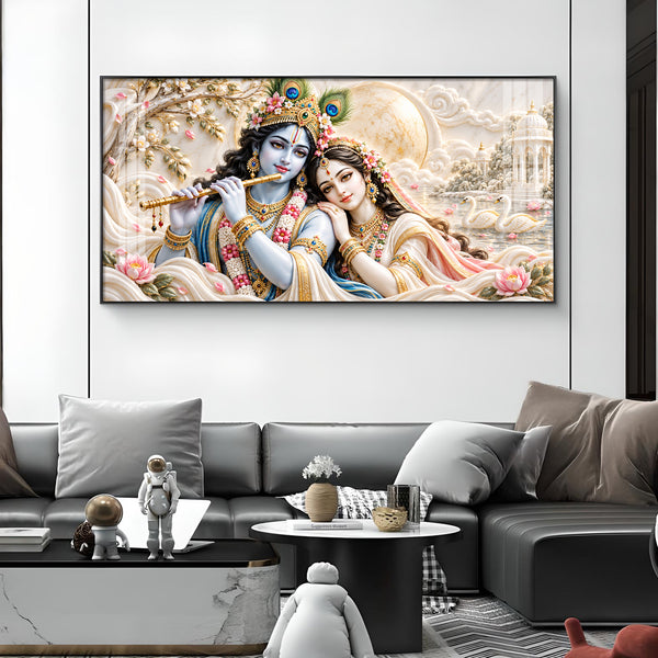 Radha & Krishna With Bansuri Glass Finish Horizontal Wall Art