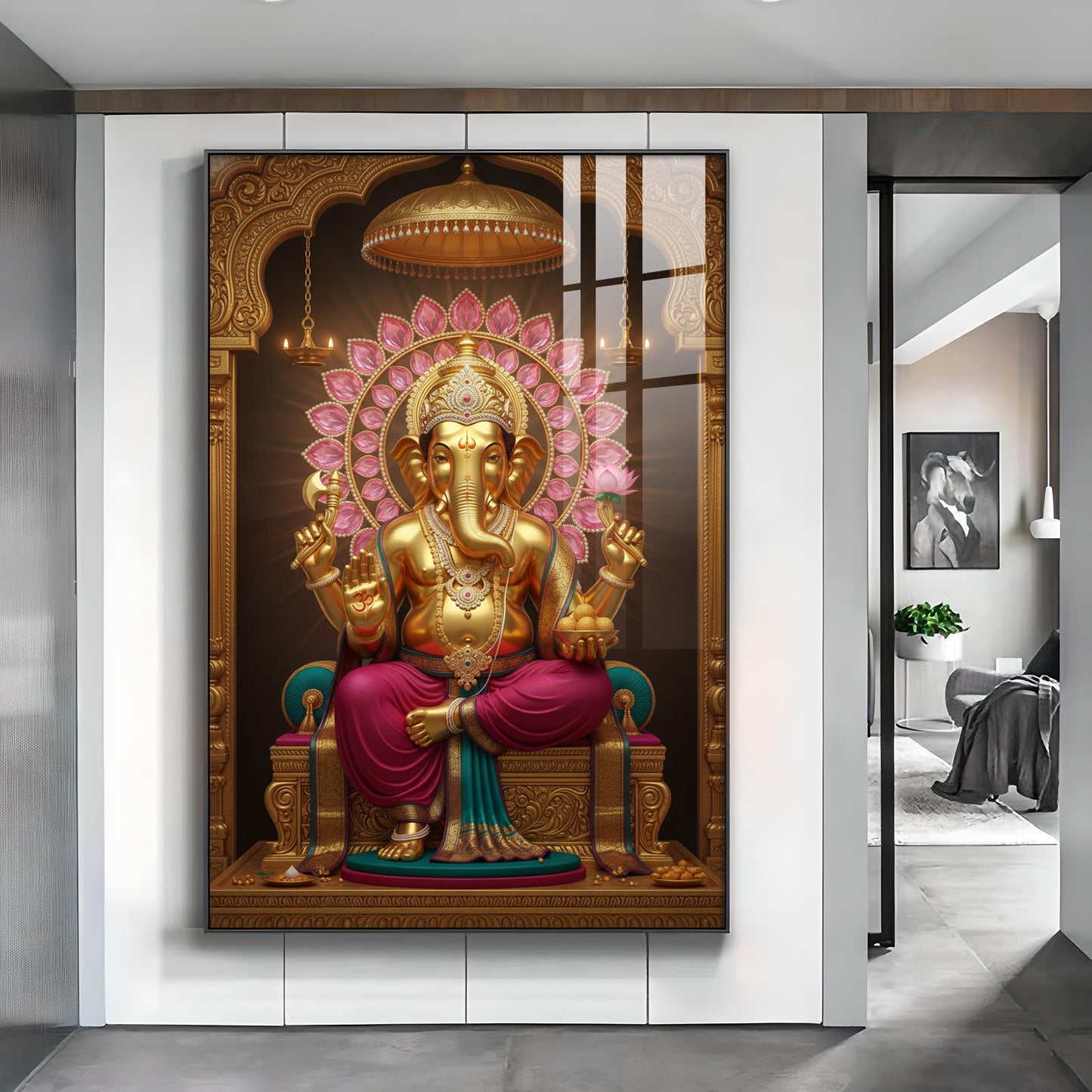 Lord Ganesha With Intricate Floral Glass Finish Vertical Wall Art