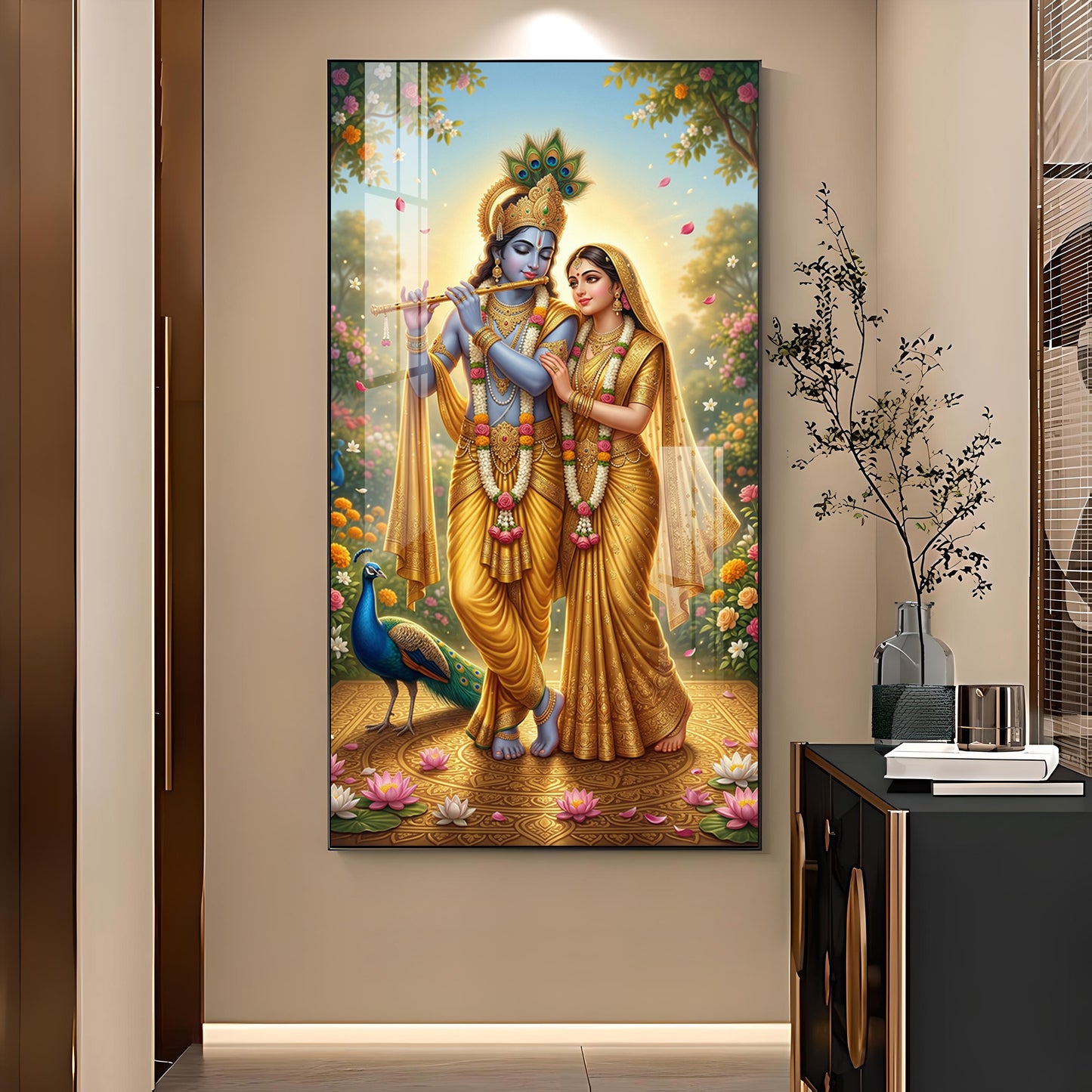 Radha Krishna Divine Love Glass Finish Vertical Wall Art