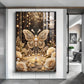 Golden Butterfly Embellished With Pearls Glass Finish Vertical Wall Art