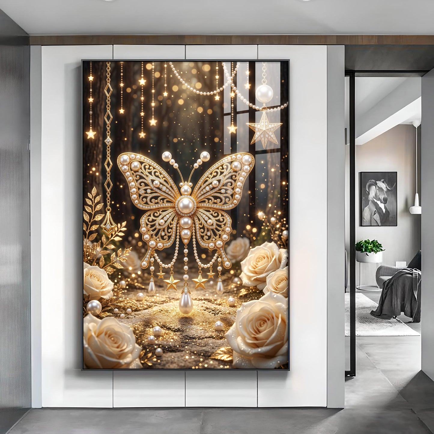 Golden Butterfly Embellished With Pearls Glass Finish Vertical Wall Art