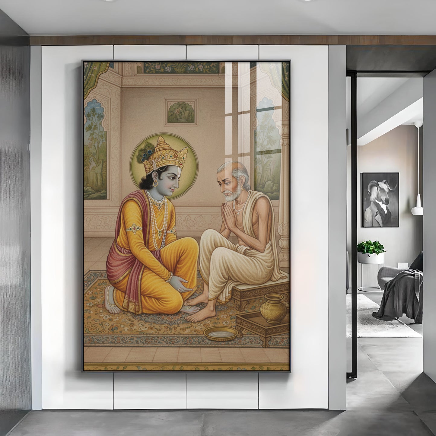 Krishna Sudama Glass Finish Vertical Wall Art