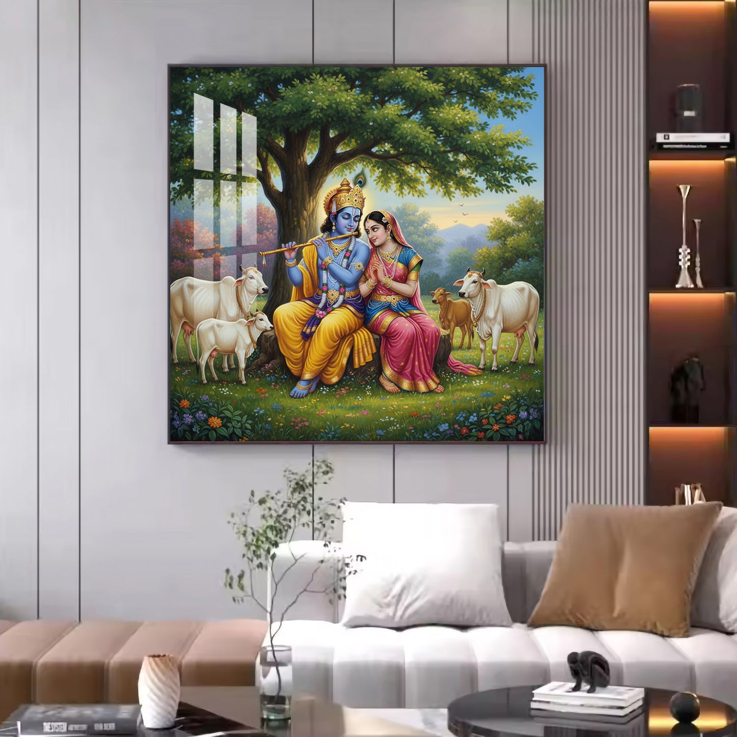 Radha Krishna With Cow Glass Finish Square Wall Art