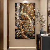 Elegant Peacock Fantasy Glass Finish Vertical Wall Art
