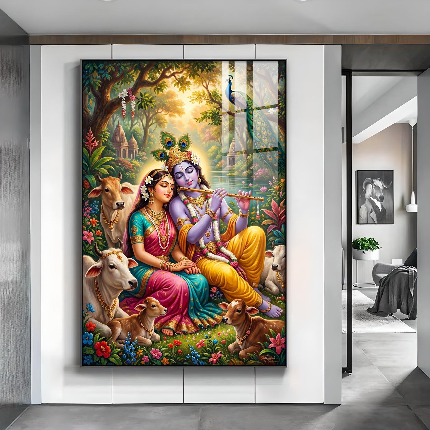 Generic Radha Krishna Glass Finish Vertical Wall Art