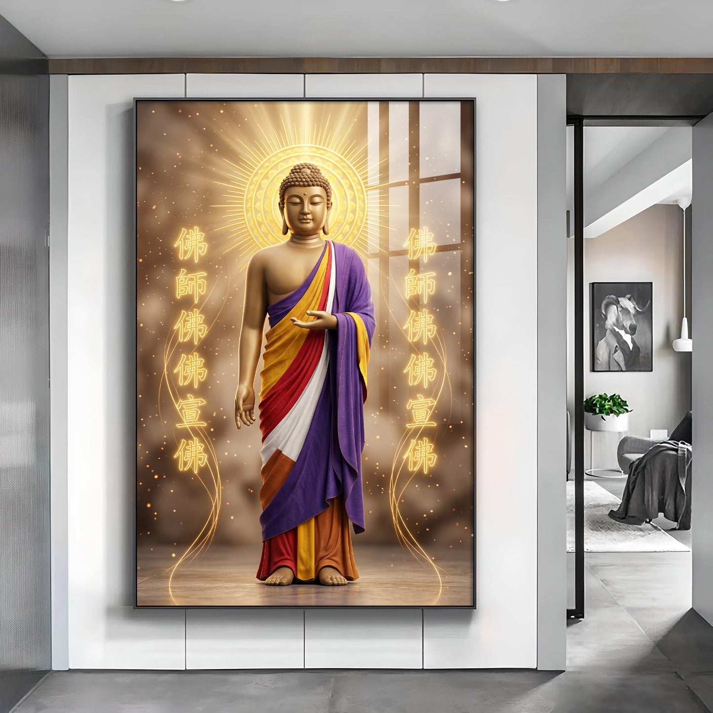 Depicting A Golden Buddha Glass Finish Vertical Wall Art