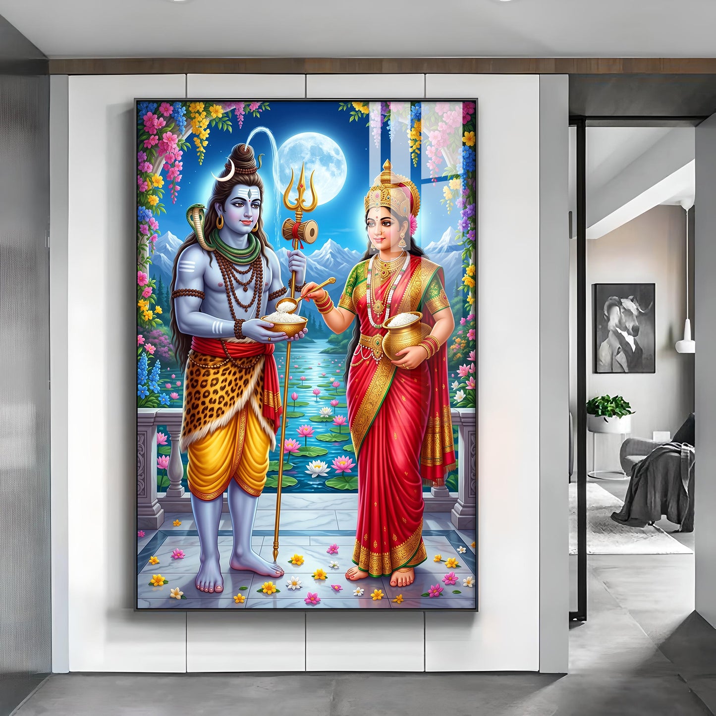 Annapurna Devi Offering Food To Lord Shiva Glass Finish Vertical Wall Art