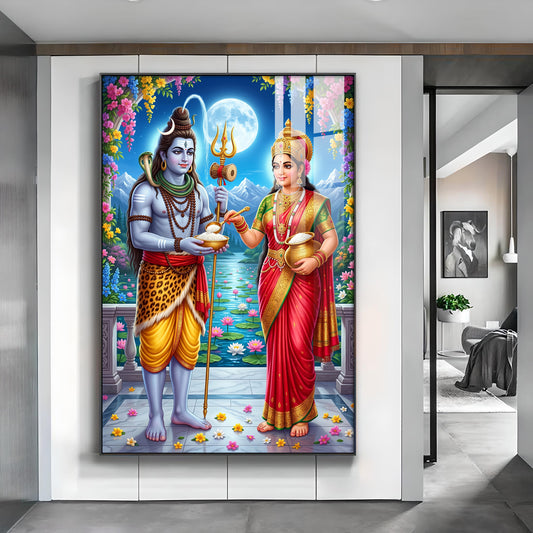 Annapurna Devi Offering Food To Lord Shiva Glass Finish Vertical Wall Art