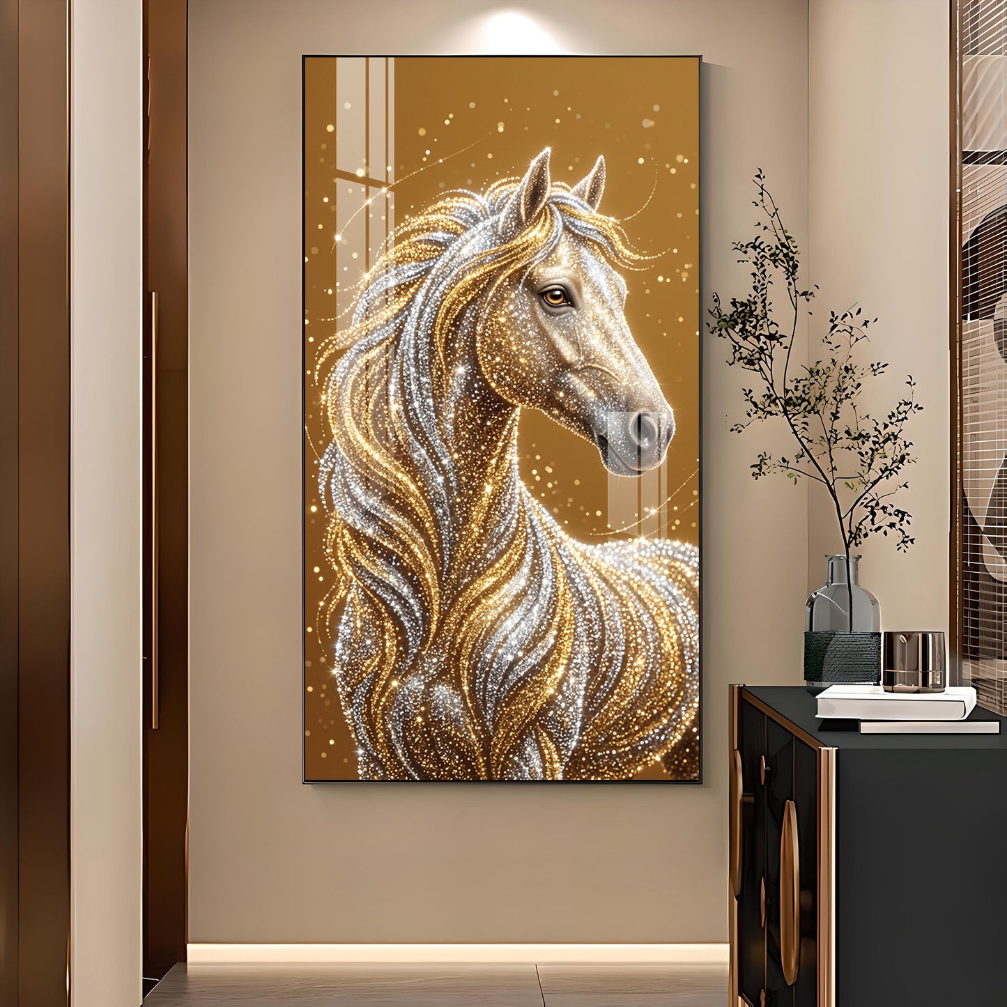 Horse In Gold & Silver Mane Glass Finish Vertical Wall Art