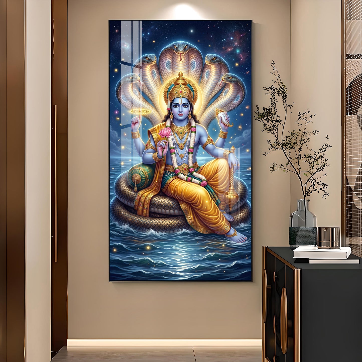 Lord Vishnu On Sheshnag Glass Finish Vertical Wall Art