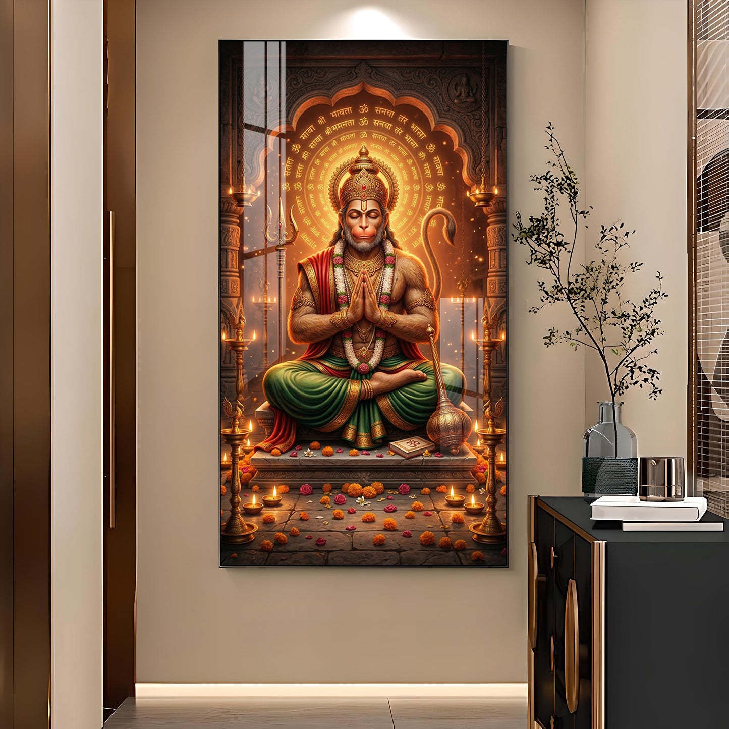 Hindu God Hanuman Ji Glass Finish Vertical Wall Art