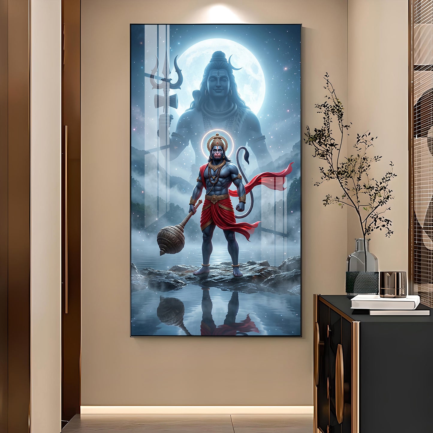 Hanuman Ji and Shiva Ji Glass Finish Vertical Wall Art