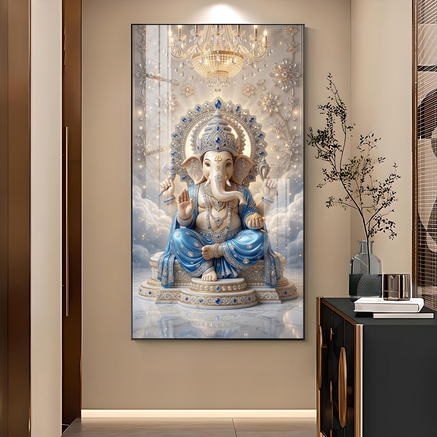 Shri Ganesh Ji Glass Finish Vertical Wall Art