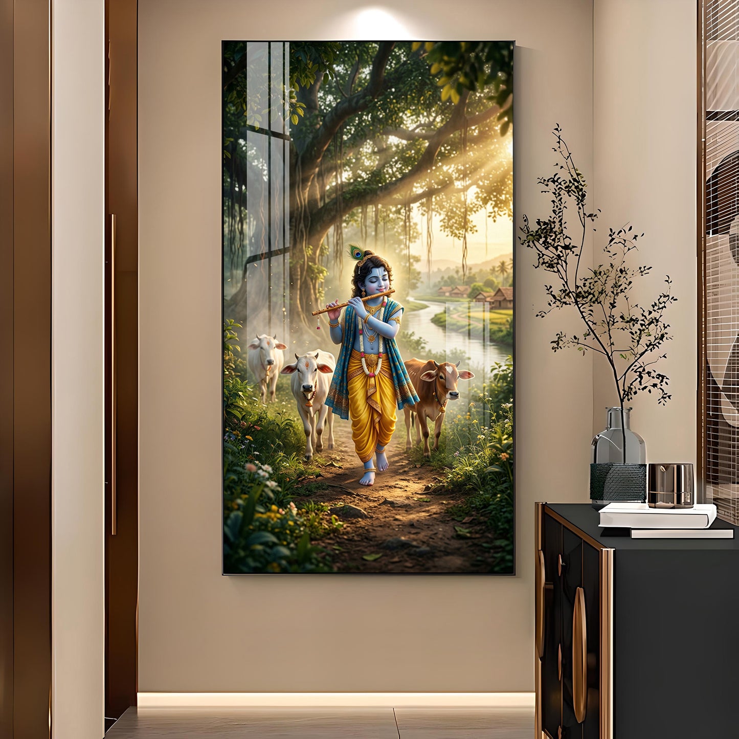 Lord Krishna Ji Glass Finish Vertical Wall Art