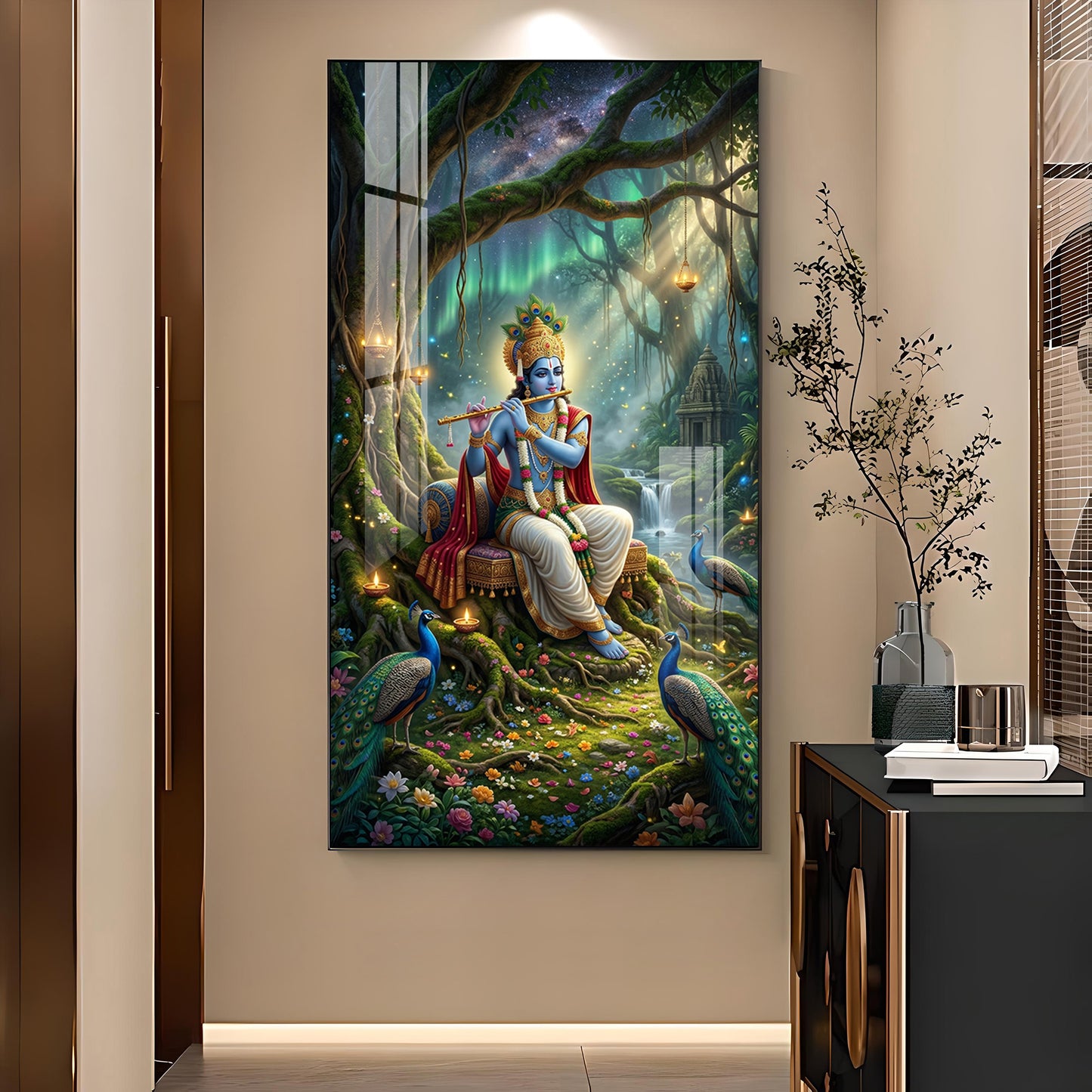 Shree Krishna With Flute Glass Finish Vertical Wall Art