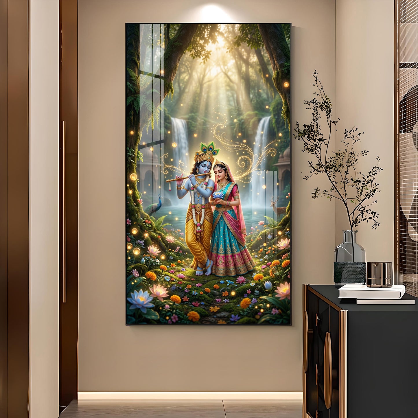 Beautiful Radha Krishna Divine Love Glass Finish Vertical Wall Art