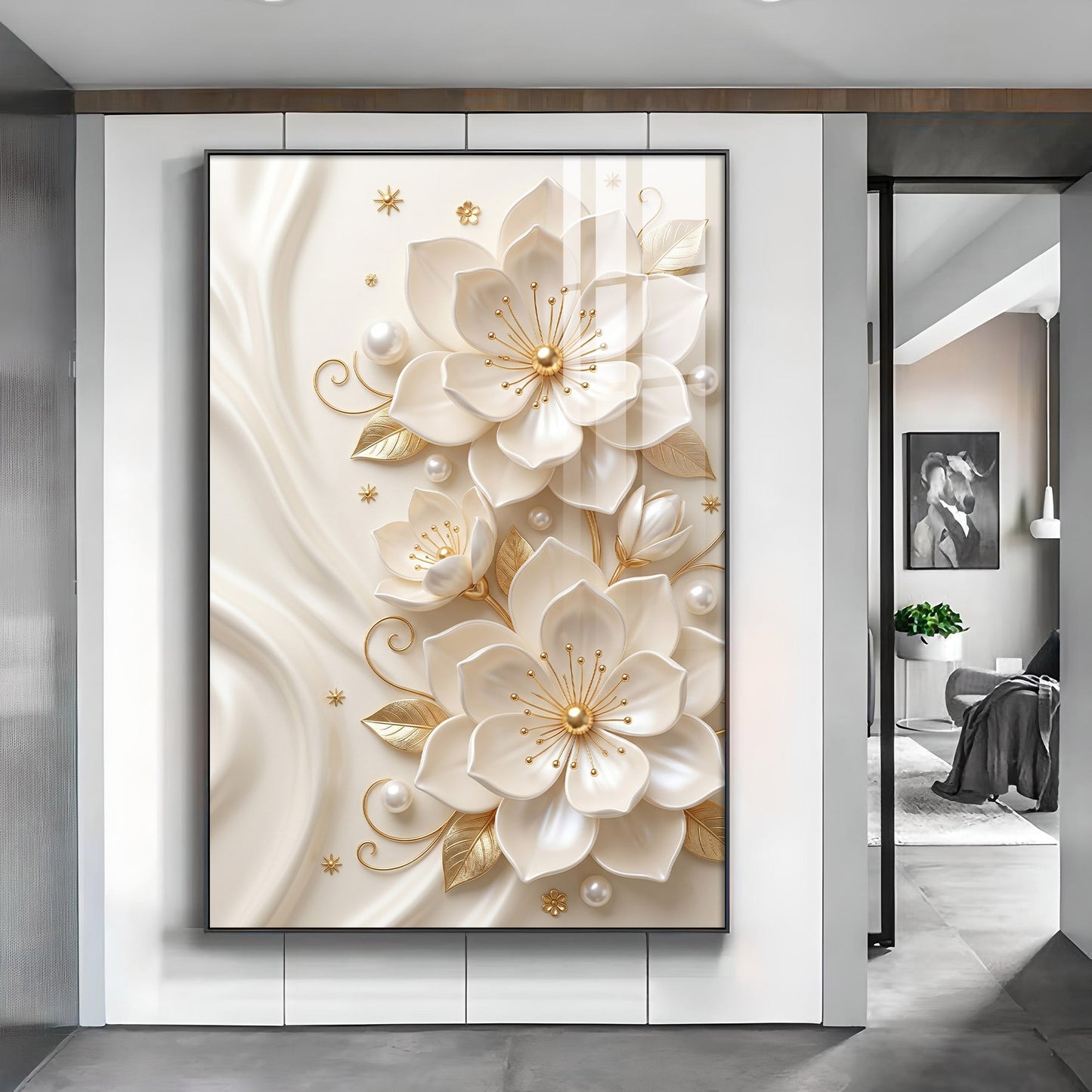 White Flowers With Golden Elements Glass Finish Vertical Wall Art