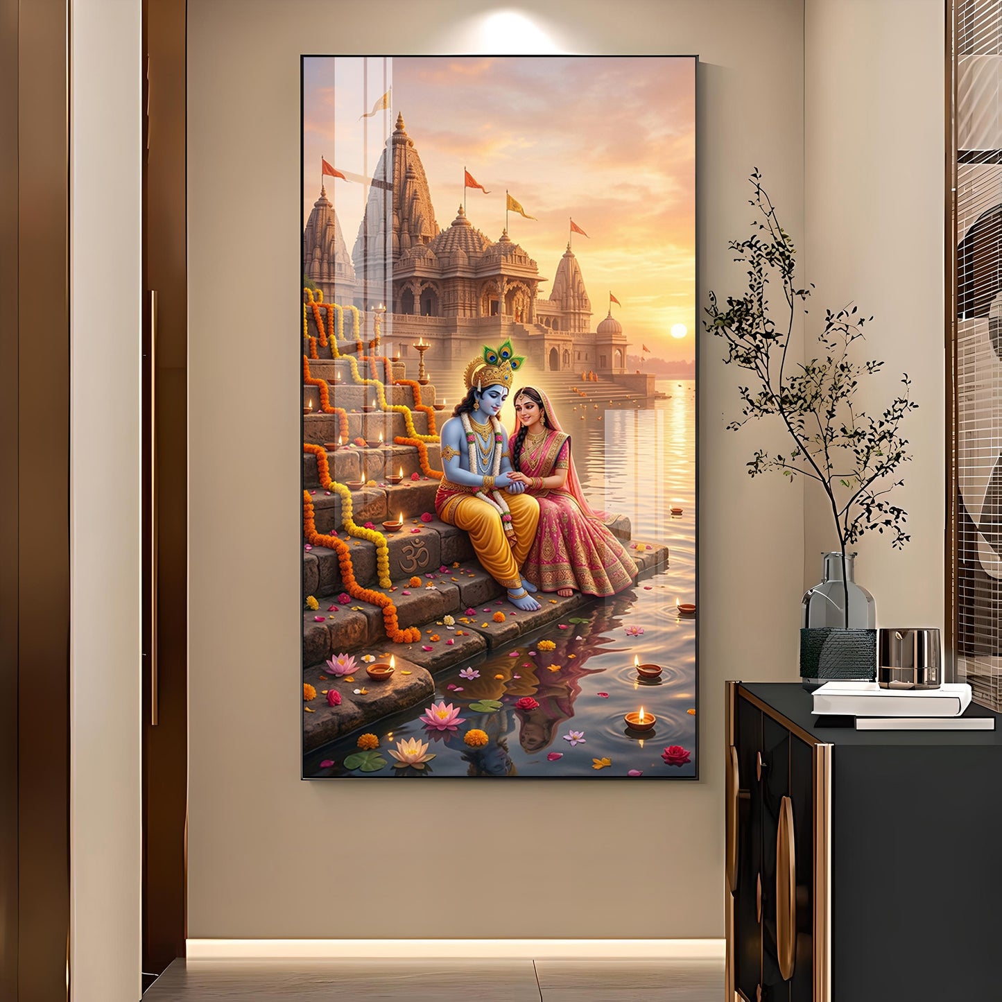 Radha Krishna On Ghat Glass Finish Vertical Wall Art