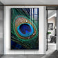 Peacock Feather With Water Drops Glass Finish Vertical Wall Art