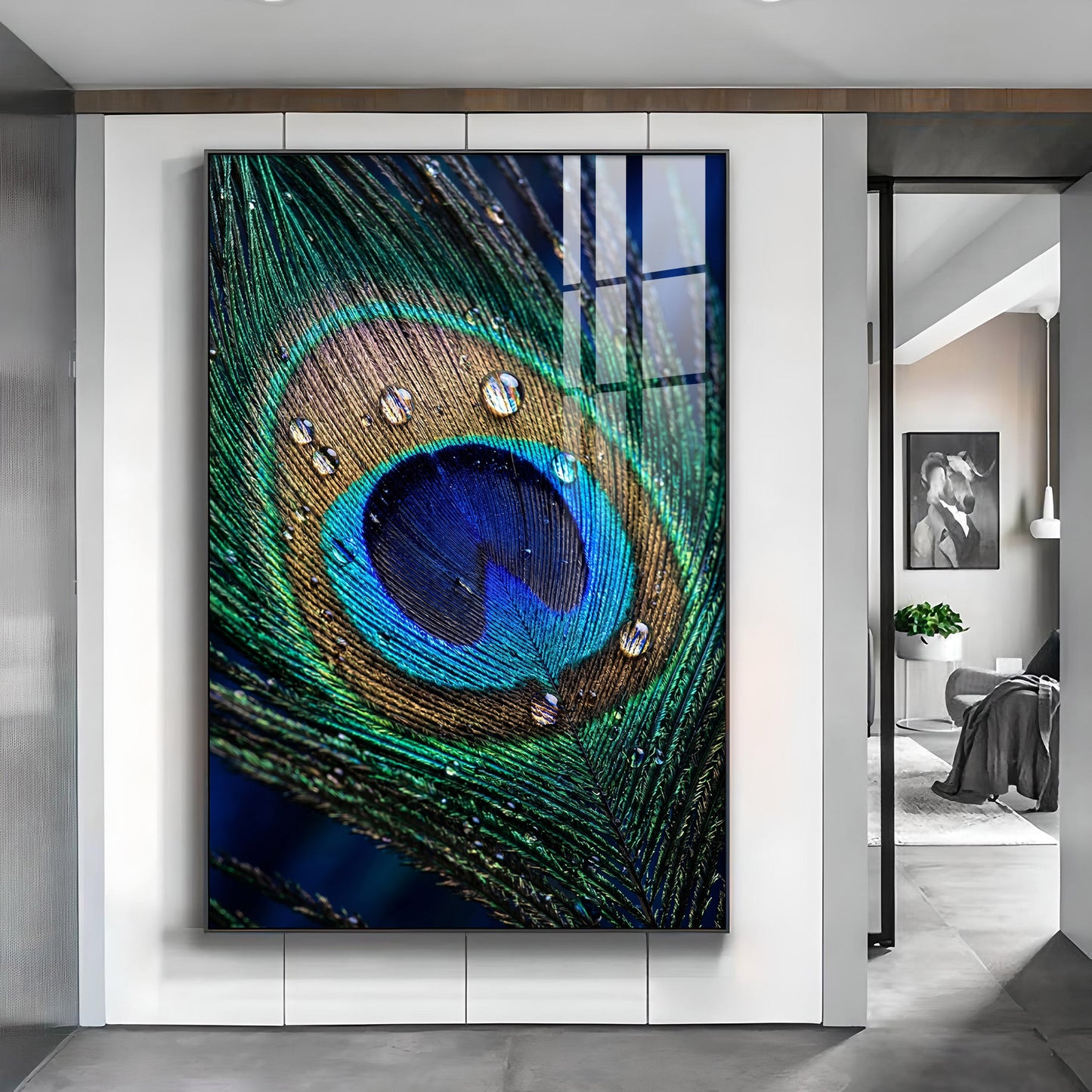 Peacock Feather With Water Drops Glass Finish Vertical Wall Art