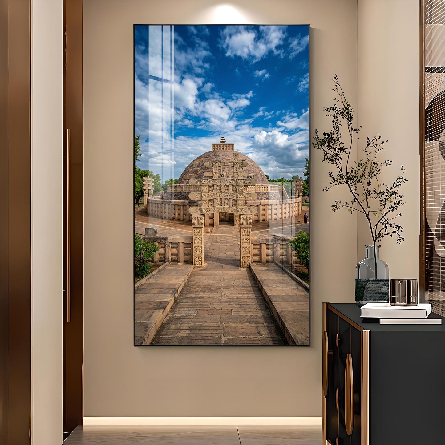 The Sanchi Stupa Glass Finish Vertical Wall Art