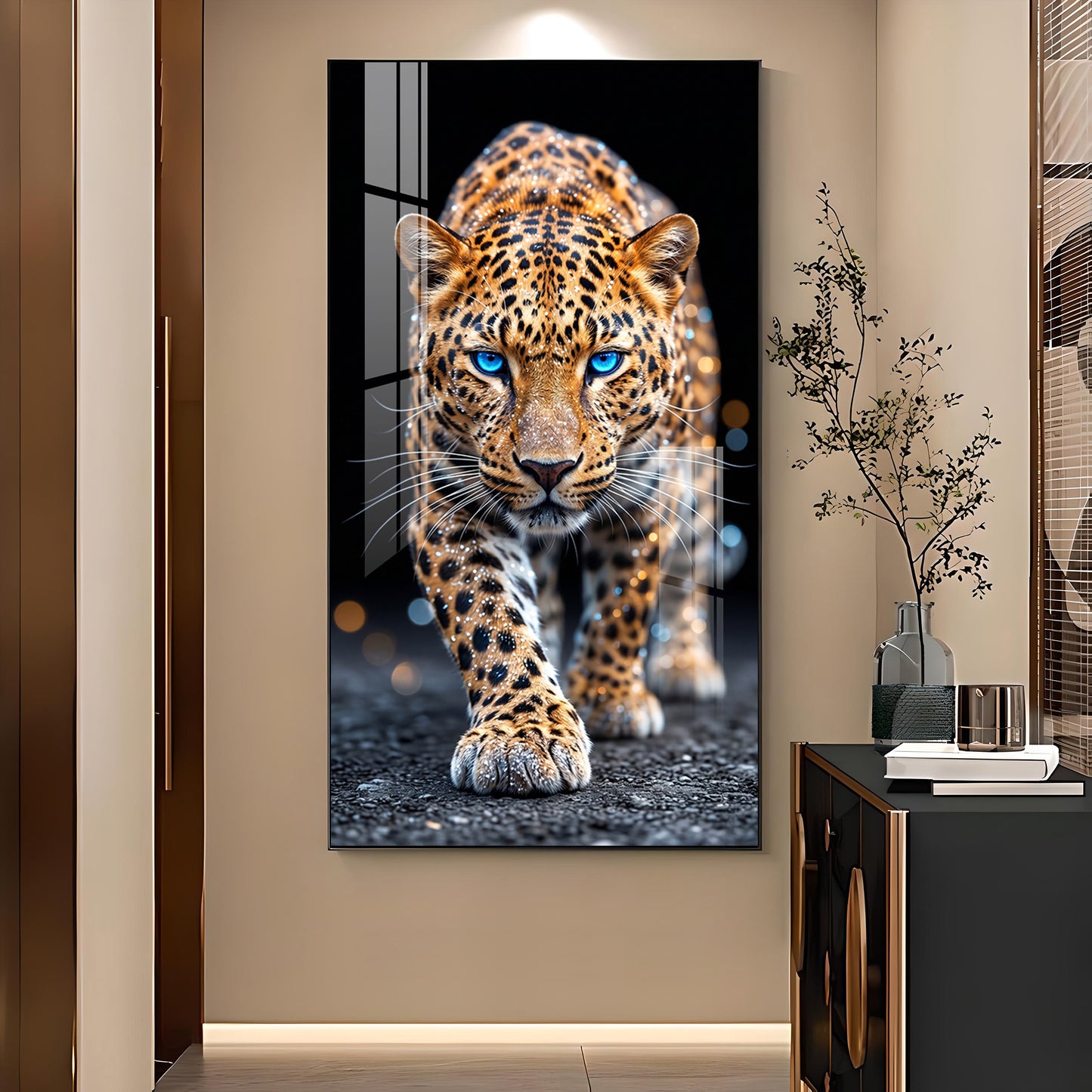 Wild Leopard With Blue Eyes Glass Finish Vertical Wall Art