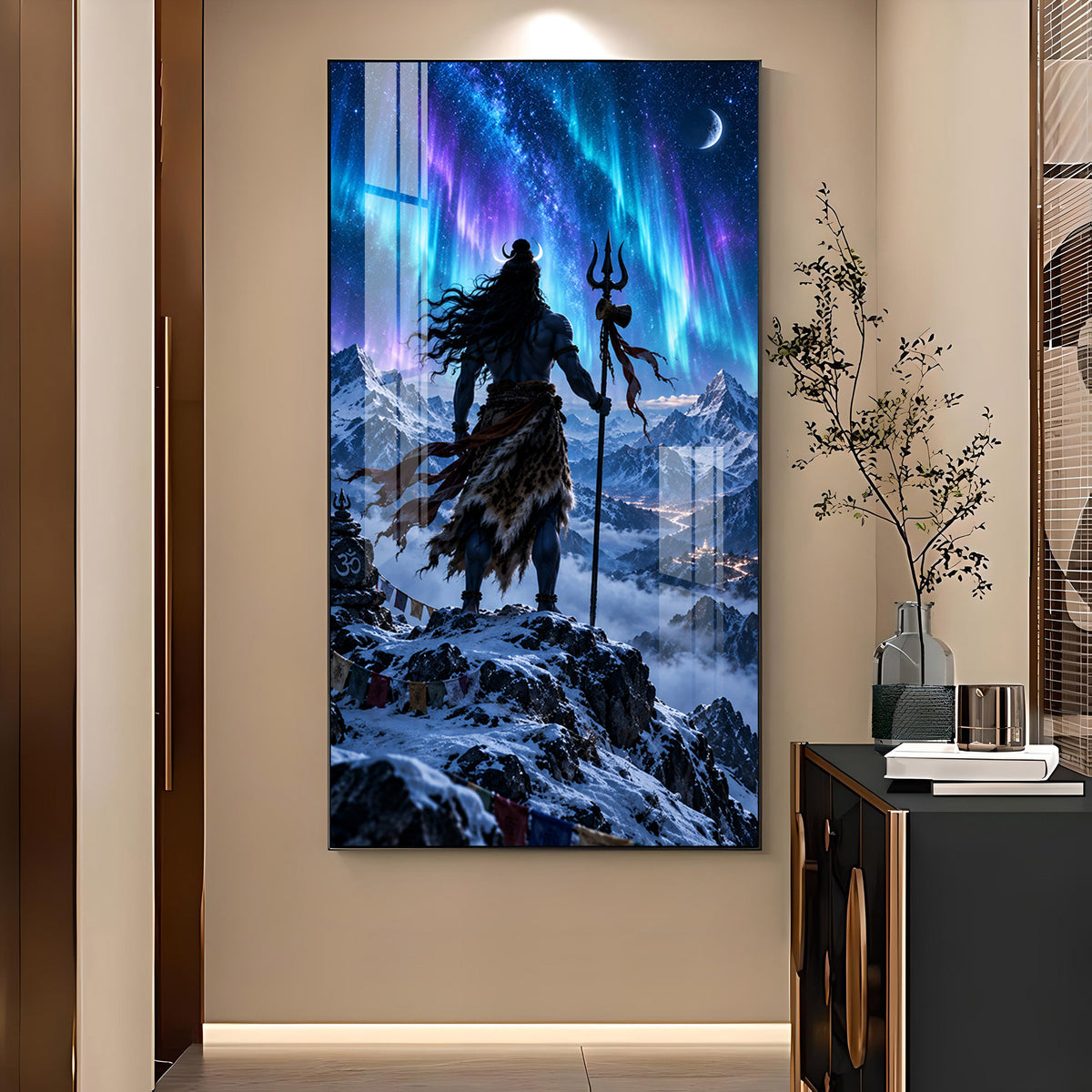 Lord Shiva In Cosmic Galaxy Glass Finish Vertical Wall Art