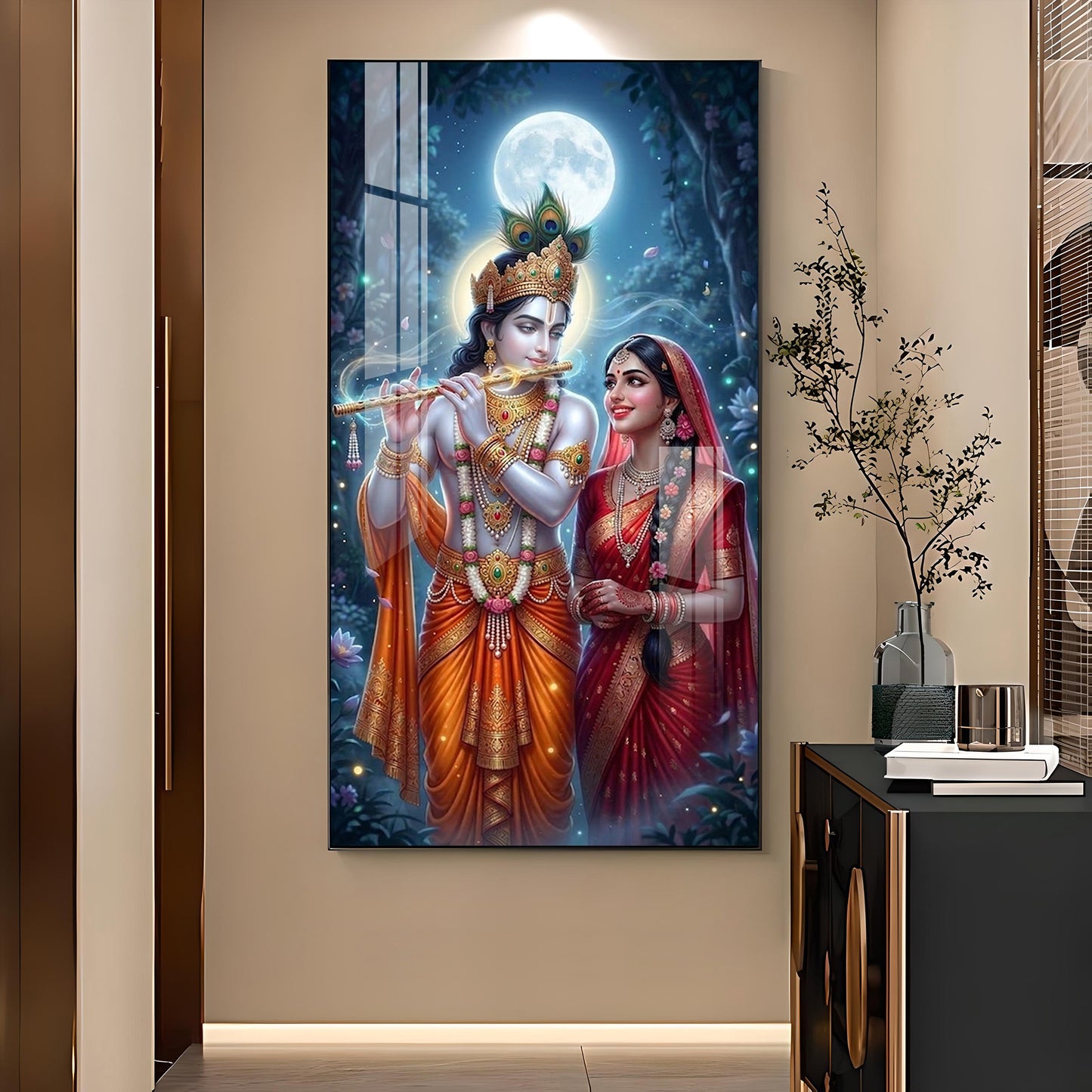 Divine Shree Radha Krishna Ji Glass Finish Vertical Wall Art
