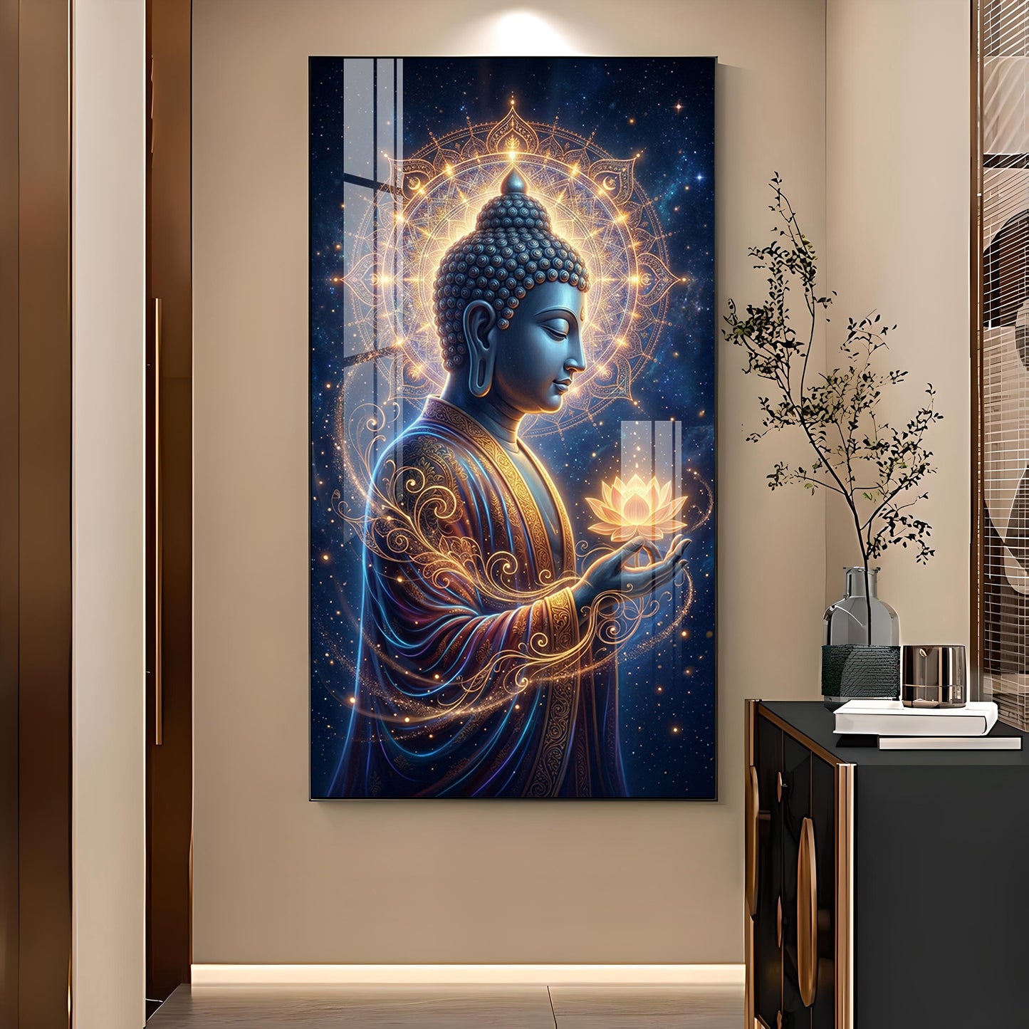 Gautam Buddha Glass Finish Vertical Wall Art