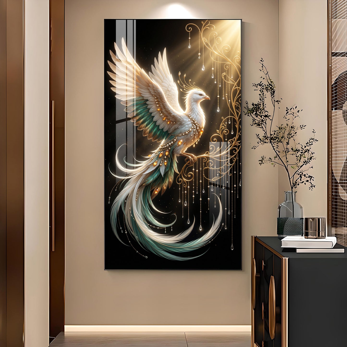 White Phoenix Glass Finish Vertical Wall Art