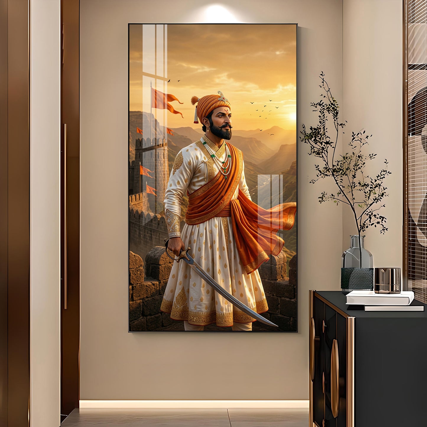 Shivaji Maharaj Warrior Spirit Glass Finish Vertical Wall Art