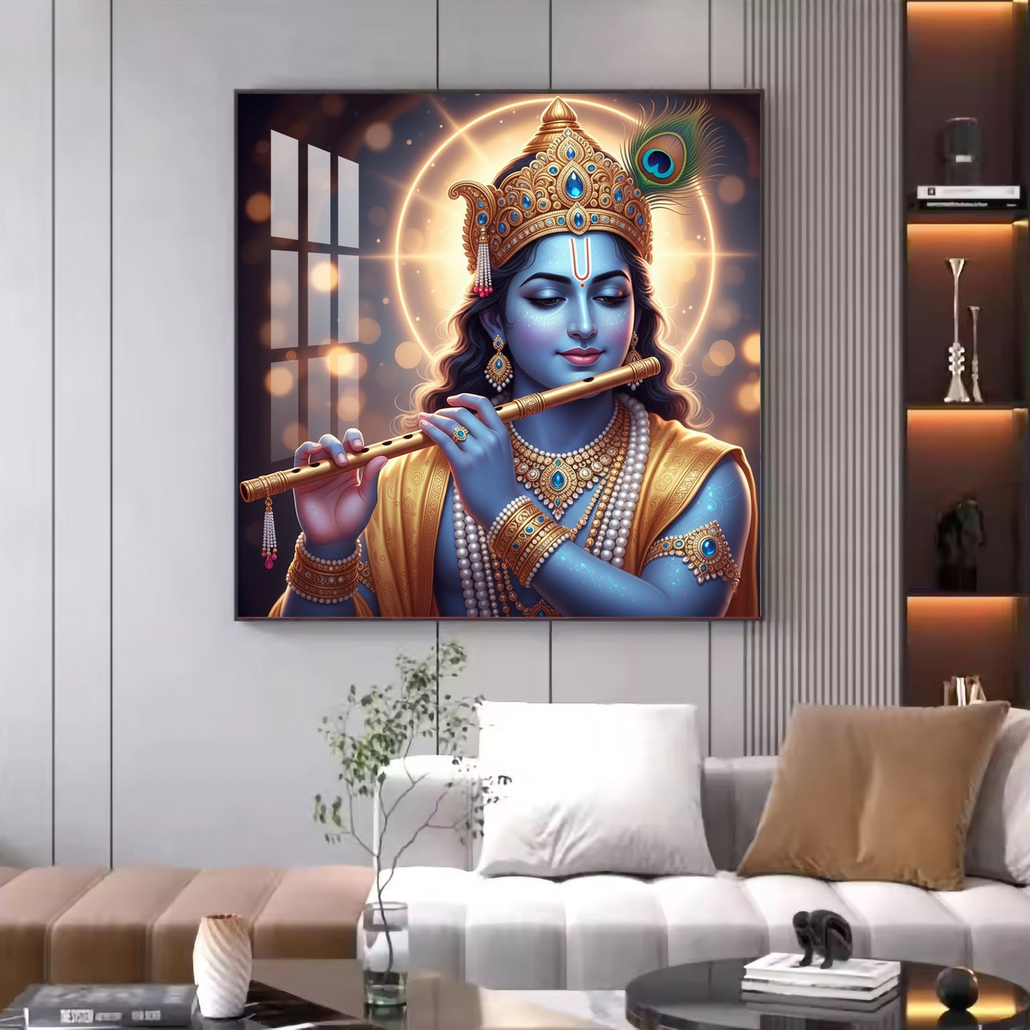 Spiritual Krishna With Flute Glass Finish Square Wall Art