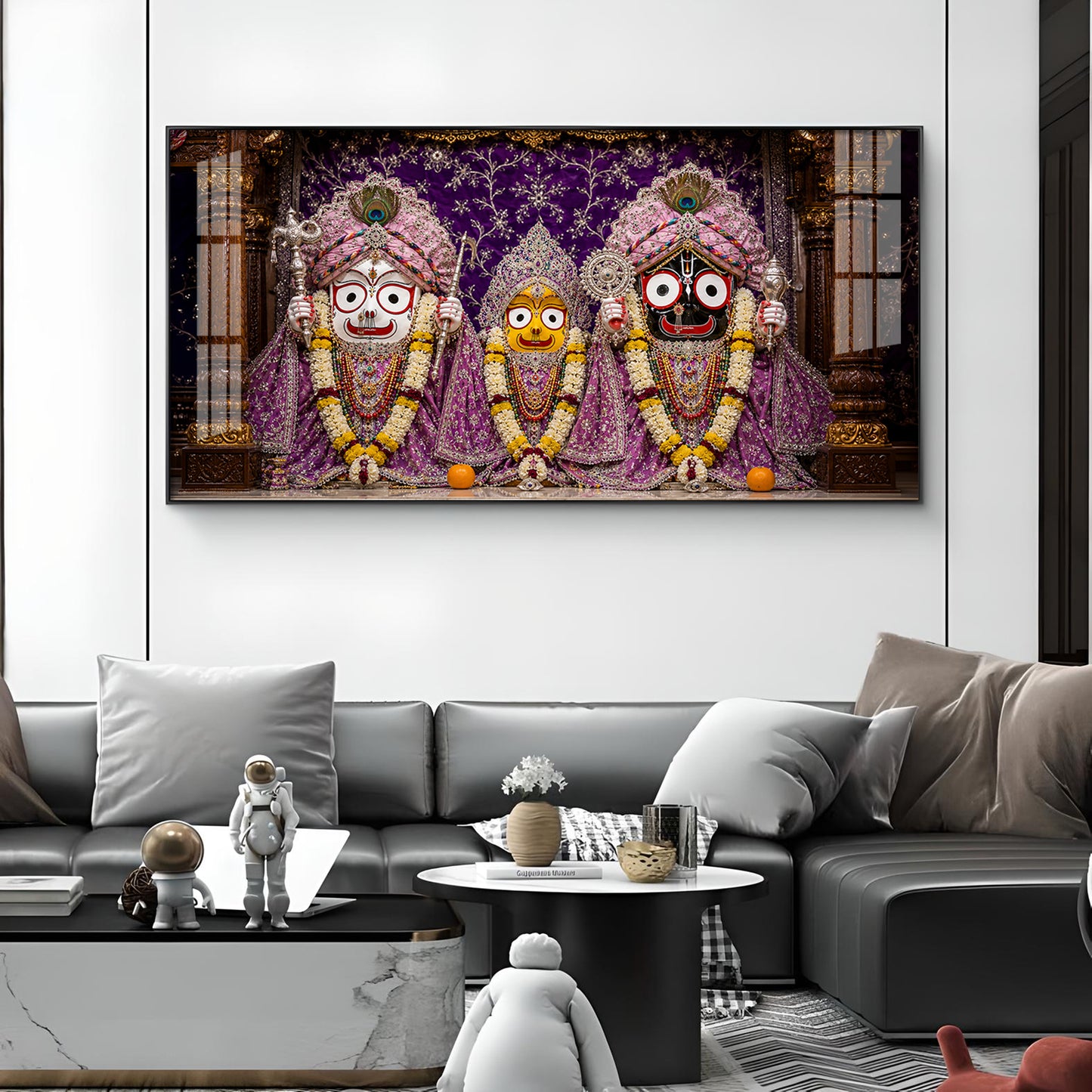 Hindu Deities Lord Jagannath, Subhadra, & Balabhadra Glass Finish Horizontal Wall Art