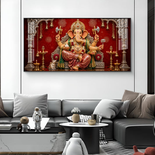 Hindu Devotional Ganpati Bappa Glass Finish Horizontal Wall Art
