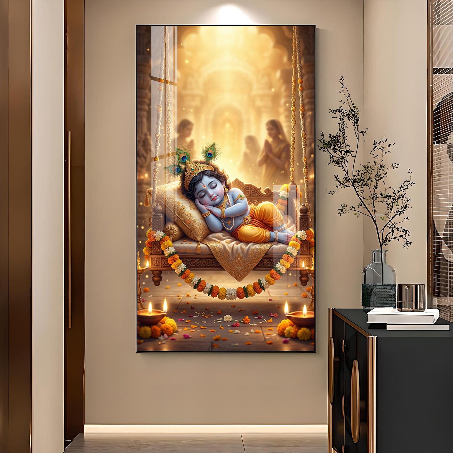 Sleeping Little Krishna Glass Finish Vertical Wall Art