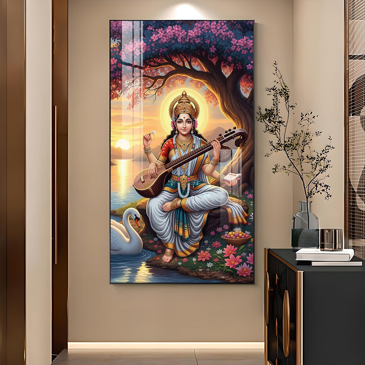 Goddess Saraswati Glass Finish Vertical Wall Art