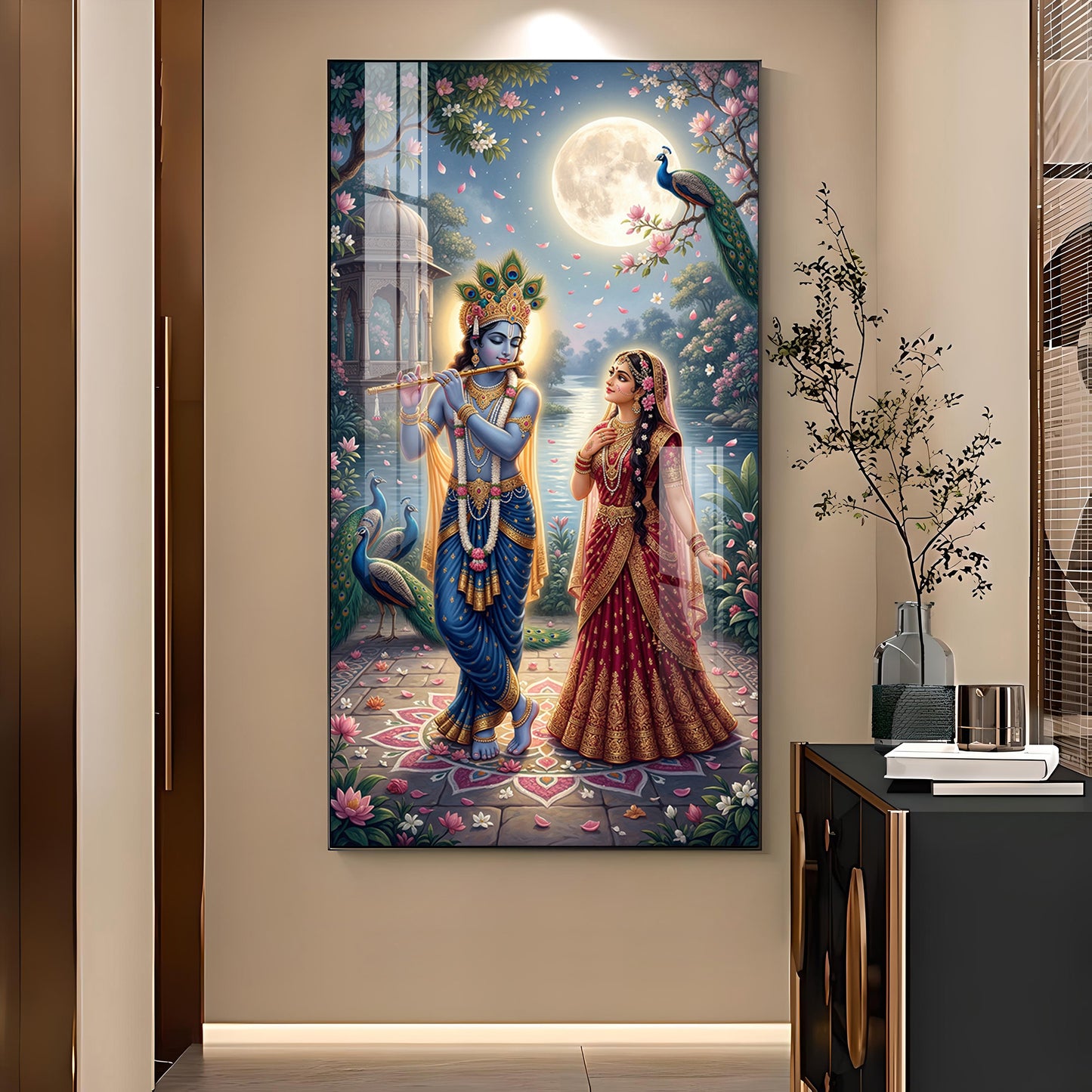 Sri Radha Krishna Glass Finish Vertical Wall Art