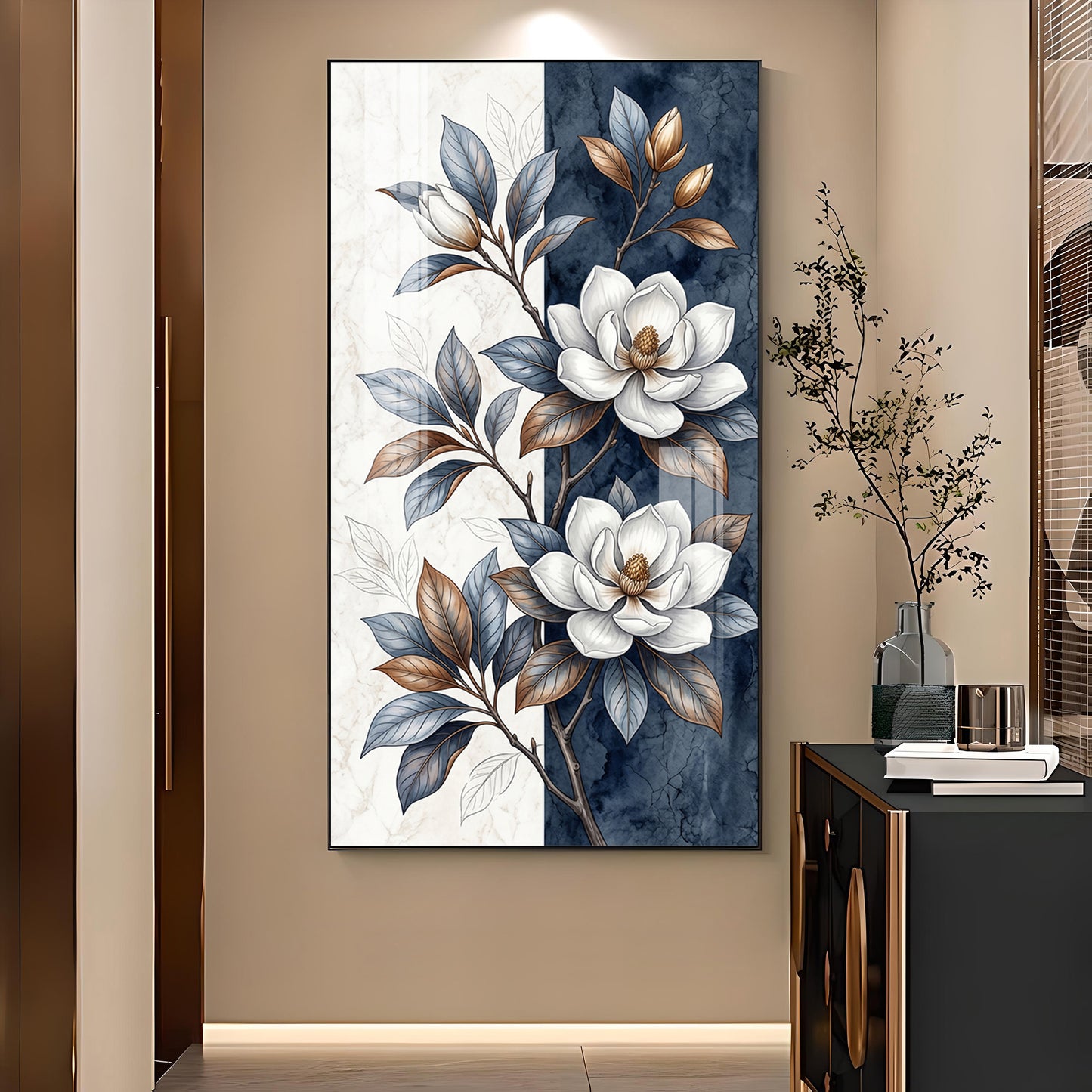 White & Blue Magnolias Flowers Glass Finish Vertical Wall Art