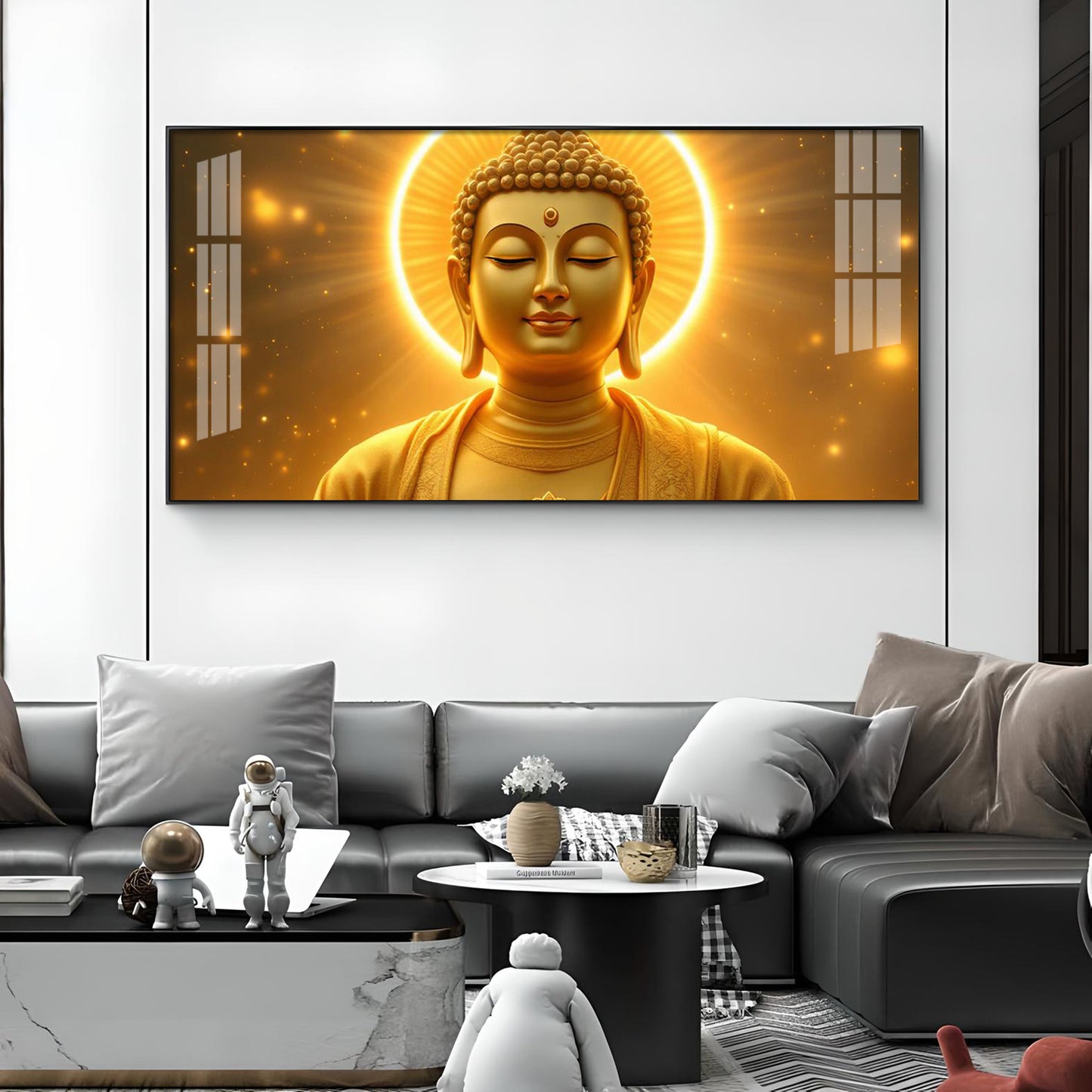 Divine Golden Buddha Glass Finish Horizontal Wall Art