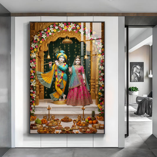 Lord Krishna and Radha Glass Finish Vertical Wall Art