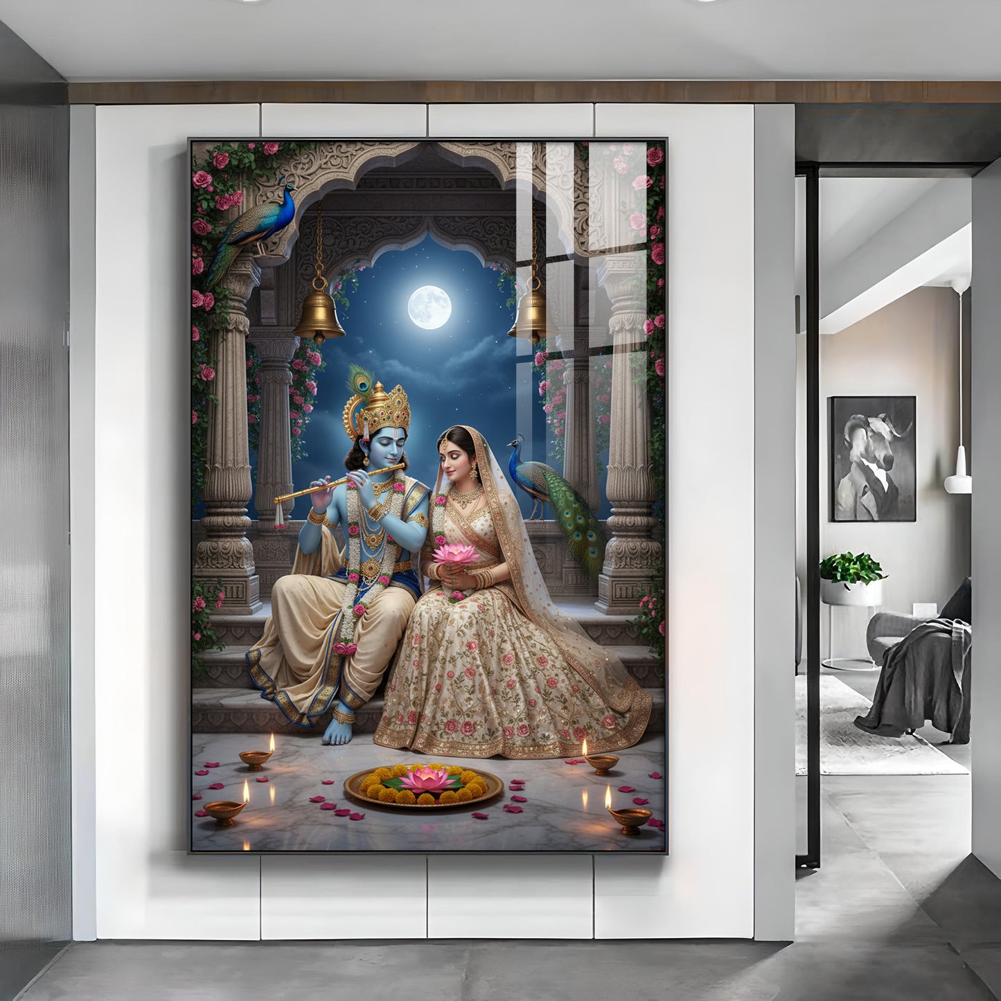 Hindu Deities Radha & Krishna Glass Finish Vertical Wall Art